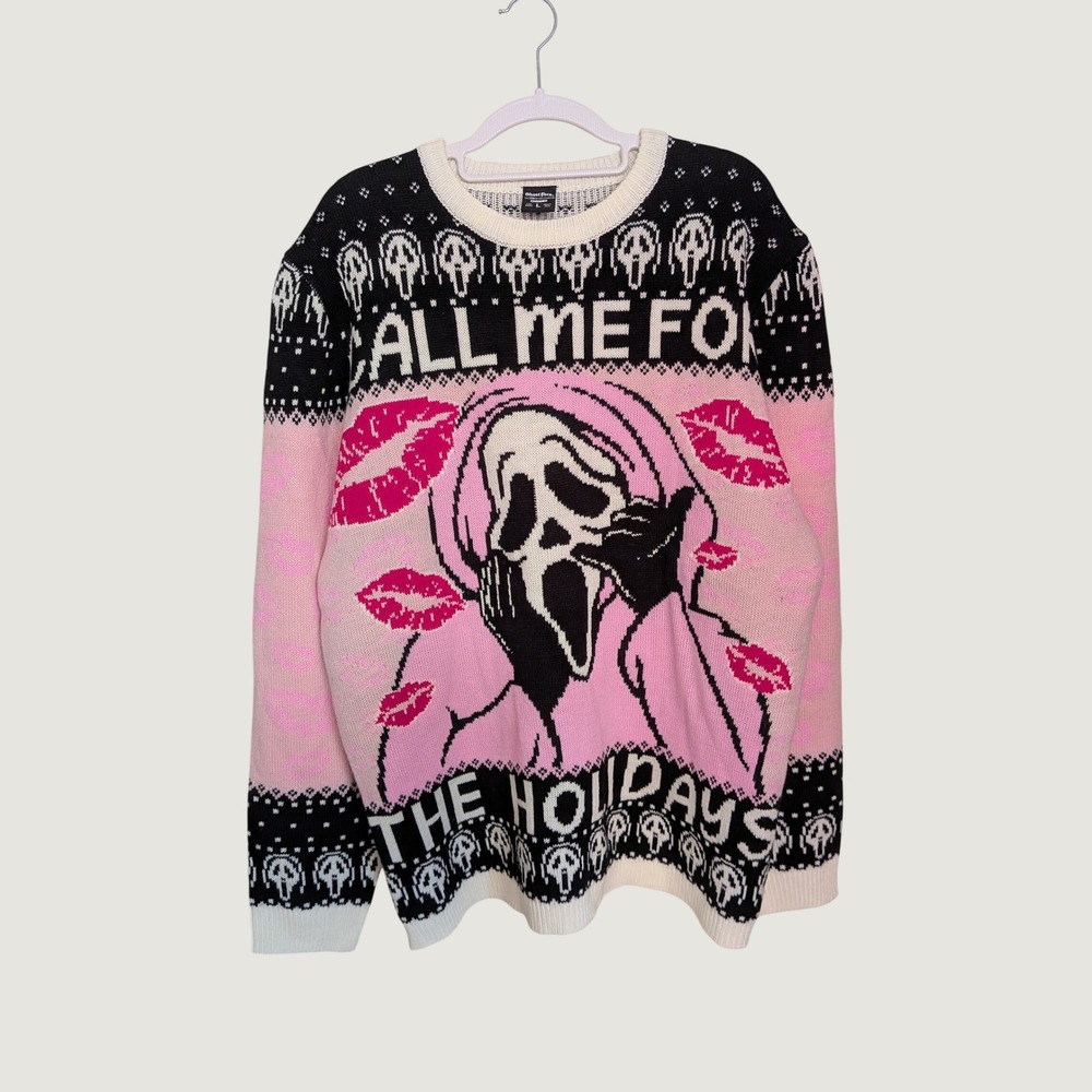 Ghost Face Scream Call Me For The Holidays Pink Ugly Christmas Sweater Large